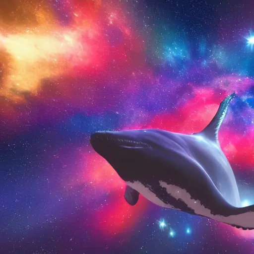 Image similar to A whale floating through the colorful cosmos containing multiple nebula, rendered in unreal engine 5