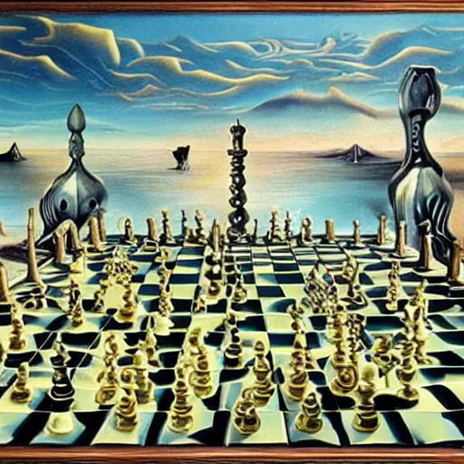 Prompt: an infinite chessboard covered with abstract chess pieces in a surreal landscape, surrealism, by Salvador Dali, intricate, complex, highly detailed, masterpiece