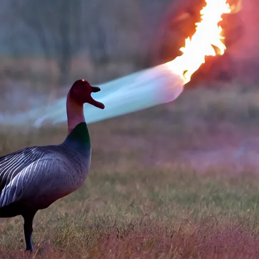 Prompt: fire breathing geese, fire from mouth