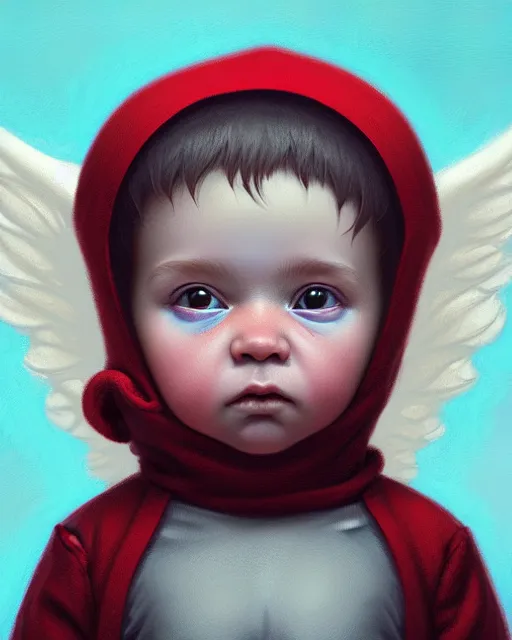 Image similar to highly detailed vfx portrait of a baby cherub angel character wearing a balaclava, stephen bliss, unrealengine, greg rutkowski, loish, rhads, beeple, makoto shinkai and lois van baarle, ilya kuvshinov, rossdraws, tom bagshaw,