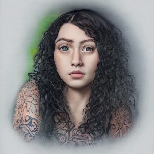 Image similar to portrait of a young lady with curly black hair with tattoo of a flower on her neck, round face, big brown eyes, picture, hyperrealistic, focused, detailed, computer painting