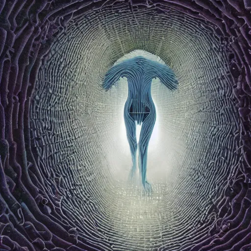 Image similar to humanoid walking through a wormwhole, Petros Afshar and Wayne Barlowe