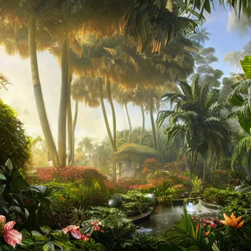 Prompt: a highly detailed matte painting of a garden hedge with tropical flowers, large palm trees, epic fantasy, god rays, ultrawide lens, aerial photography, unreal engine, exquisite detail, 8 k, art by greg rutkowski and alphonse mucha