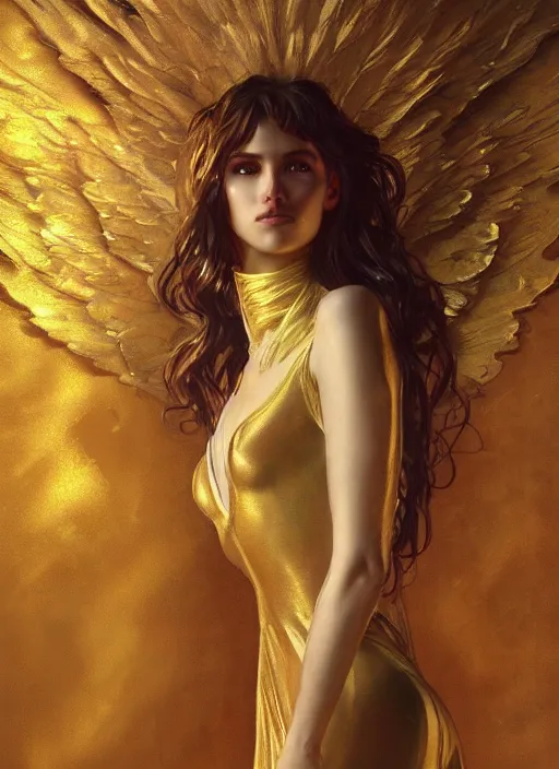 Prompt: a Photorealistic dramatic hyperrealistic render of an angel, gold clothes, dramatic lighting, by WLOP,Artgerm,Greg Rutkowski,Alphonse Mucha, Beautiful dynamic dramatic dark moody lighting,shadows,cinematic atmosphere,Artstation,concept design art,Octane render,8K