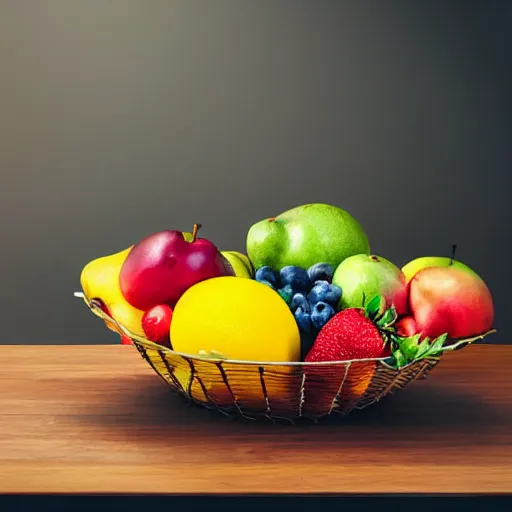 Prompt: a fruit basket on top of a kitchen table, fog