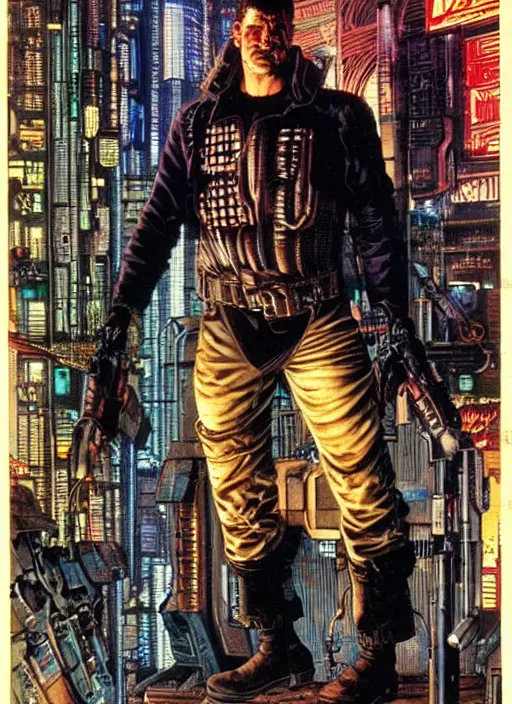 Prompt: cyberpunk the punisher. portrait by clyde caldwell and jean giraud and anton otto fischer and john philip falter and will eisner and gil elvgren