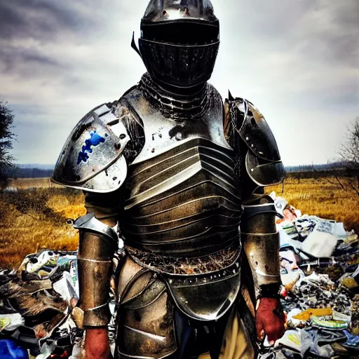 Prompt: a man wearing armor made of junk and trash, photo taken by cell phone