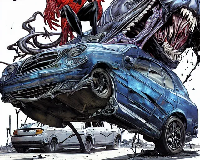 Prompt: Venom standing on top of a wrecked car in the city, open arms art by Clayton Crain, Javier Garron and Gerardo Sandoval