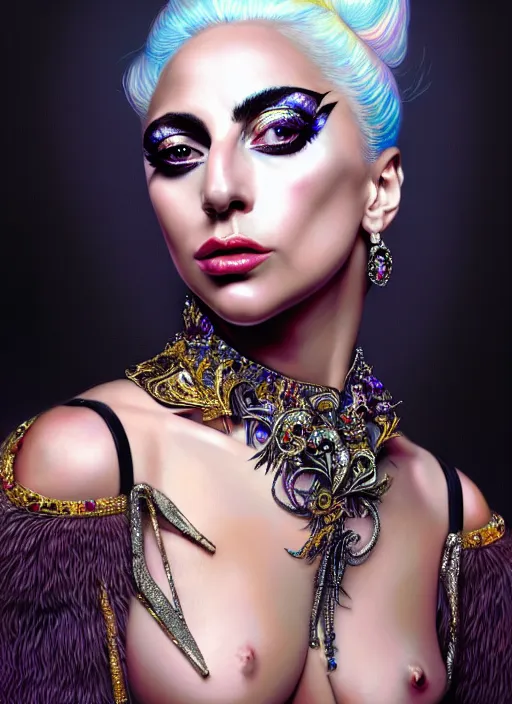Prompt: portrait of Lady Gaga, Maximalism, orientalism, diffuse lighting, fantasy, intricate, elegant, highly detailed, lifelike, photorealistic, digital painting, artstation, illustration, concept art, smooth, sharp focus