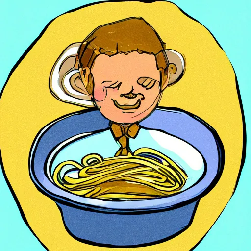 Prompt: A tiny man sitting in a bowl of spaghetti, digital art