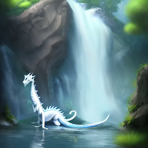 Image similar to beautiful photoshop commission of a slender dragon relaxing by a waterfall, digital painting, artstation, art by Jaime Jones