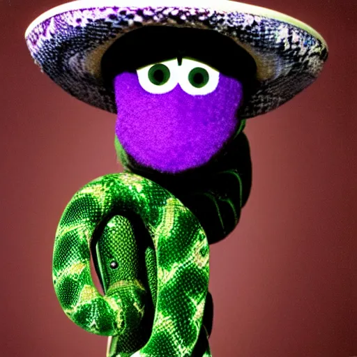 Prompt: purple green cowboy snake jim henson muppet