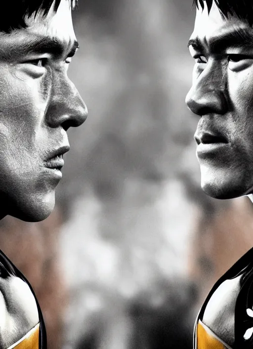 Image similar to Film poster Arnold Schwarzenegger VS Bruce lee , faces look at each other, detailed and realistic, 4k, filmic render