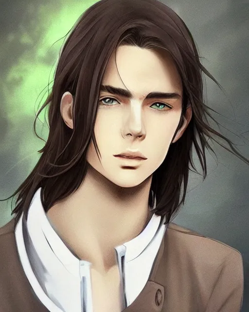 Image similar to face of a masculine young man with thin face lines, have long brown hair and green eyes, very beautiful portrait, low angle, realistic anime style and perfect art, trending on artstation, good and dramatic lighting