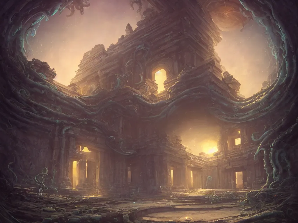 Prompt: A picture of a mysterious ancient temple with tentacles coming out of the massive entrance art by Jordan Grimmer, ominous, cosmic horror, trending on artstation, Ultra detailed, hyper realistic, 4k