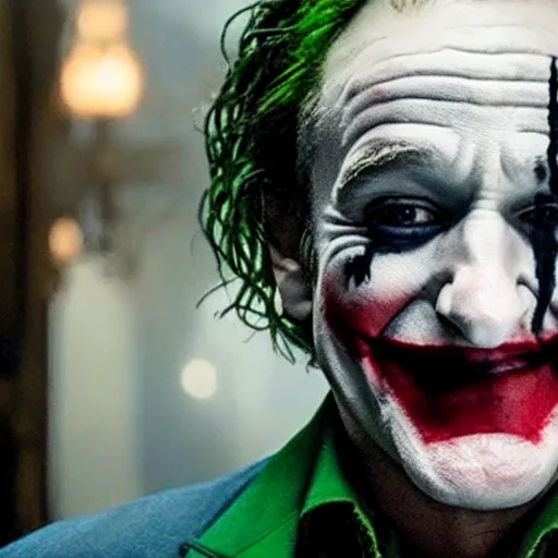 Prompt: film still of Robin Williams as joker in the new Joker movie