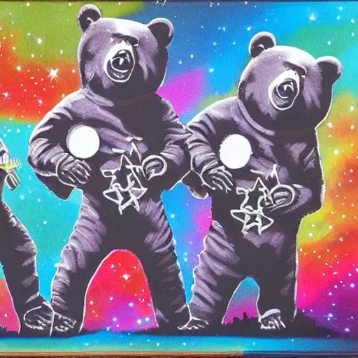 Image similar to space bears dancing to cannon in D, in the style of Banksy