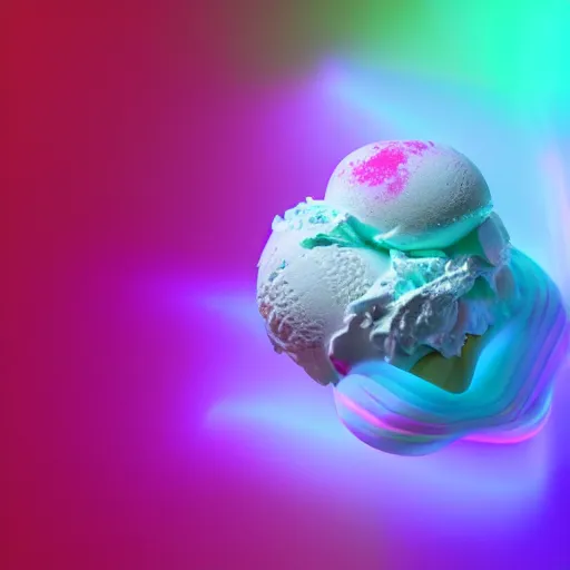 Prompt: Ice Cream Gas Clouds, Bright, Fluorescent, Neon Lamp, volumetric Light, Dispersion, Vapor, Gas, Food Coloring, Ice Cream, Artstation, by Mahmoud Sai, Octane render