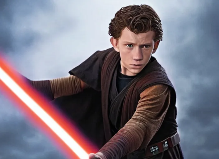 Image similar to tom holland plays anakin skywalker in the live action remake of star wars revenge of the sith, 3 5 mm photography, highly detailed, cinematic lighting, standing pose, holding lightsaber 4 k