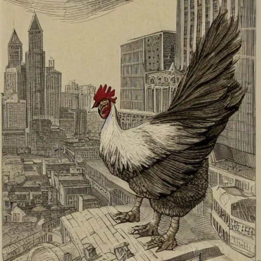 Prompt: a giant chicken attacking a city