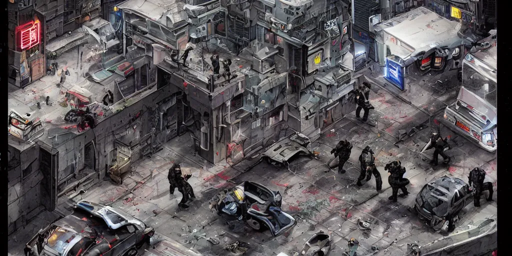 Image similar to 1992 Video Game Concept Art, Anime Neo-tokyo Cyborg bank robbers vs police, Set in Cyberpunk Bank Vault, bags of money, Multiplayer set-piece :9, Police officers hit by bullets, Police Calling for back up, Bullet Holes and Blood Splatter, :6 ,Hostages, Smoke Grenades, Large Caliber Sniper Fire, Chaos, Cyberpunk, Money, Anime Bullet VFX, Machine Gun Fire, Violent Gun Action, Shootout, Escape From Tarkov, Payday 2, Highly Detailed, 8k :7 by Katsuhiro Otomo + Studio Gainax : 8