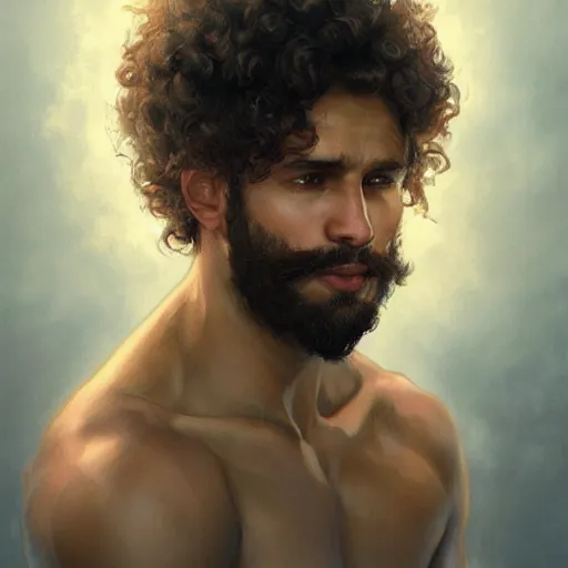 Image similar to beautiful, strong, mixed race, curly hair, beard, male, face, head shot, fantasy, highly detailed, digital painting, artstation, concept art, smooth, sharp focus, illustration, art by artgerm and greg rutkowski and alphonse mucha