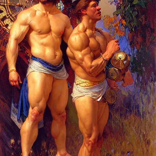 Image similar to attractive muscular mike and muscular attractive ty, drinking their hearts out, boys night out. highly detailed painting by gaston bussiere, craig mullins, j. c. leyendecker, alphonse mucha 8 k