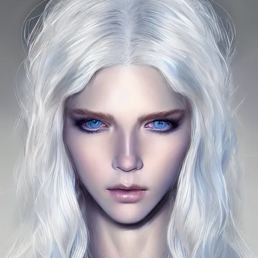 Image similar to god, young, white hair, long hair, intricate, ethereal, highly detailed, sharp focus, artstation, digital painting, by stanley lau and artgerm