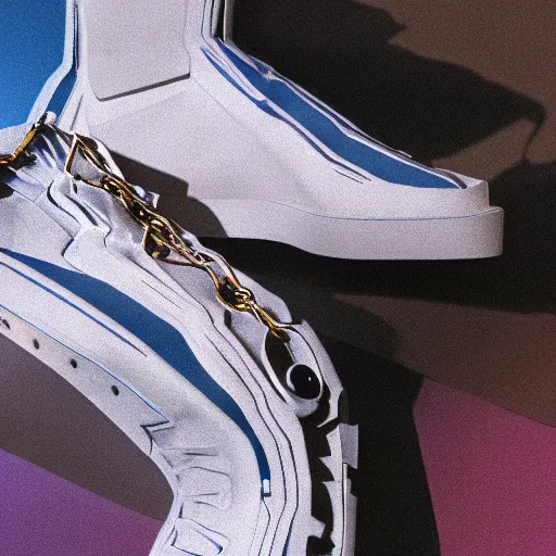 Image similar to subject photo photo of futuristic balenciaga and vetements sneakers by and giger and cronenberg, ultra rendered extreme realism and detail, 8 k, pbr, surreal, colorful, direct lighting,