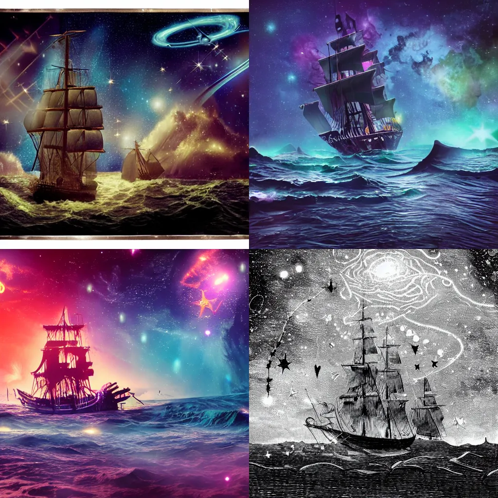 Prompt: victorian era pirate ship with neon high tech thrusters adrift in deep space, background stars, shooting star, swirling lights, nebulas
