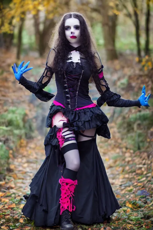 Image similar to full - length photo, young woman, gothic clothes, blue stockings, smiling at camera, 4 k, colourful