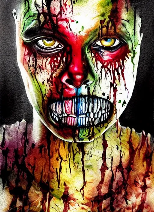 Image similar to african american zombie hollywood artwork professional acting headshot, hyperrealism, intricate detail, studio lighting, charming expression gesicht, hauntingly beautiful zombie, watercolor art, epic, legendary, drawn and painted, colored layers, dulled contrast, exquisite fine art, splatterpaint