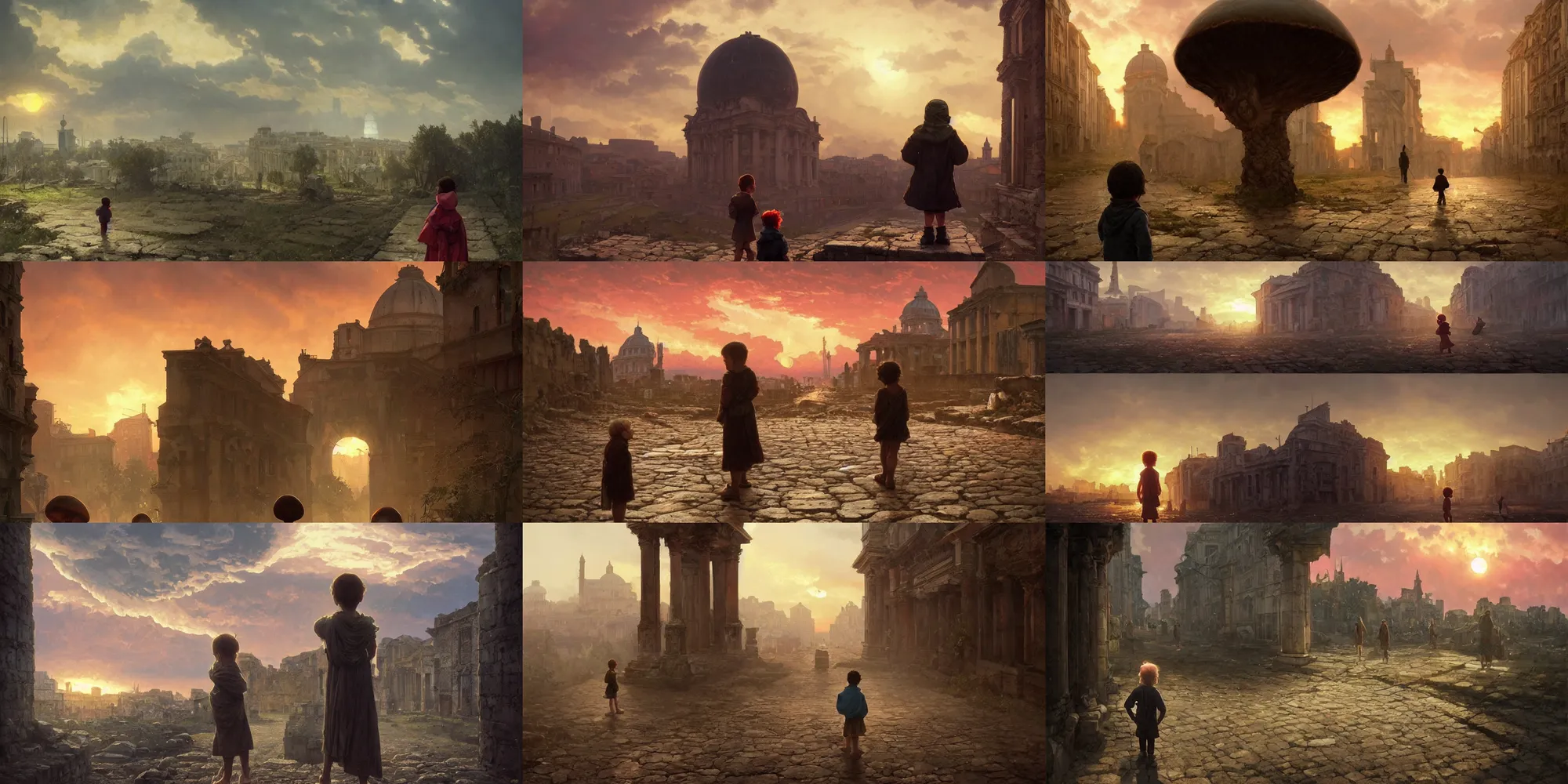 Prompt: a child looking at a nuclear mushroom cloud in ancient roman street, moody sunset in background, greg rutkowski, alphonse mucha, raphael lacoste, trending on artstation, artgerm, unreal engine, breathtaking, award winning, highly detailed