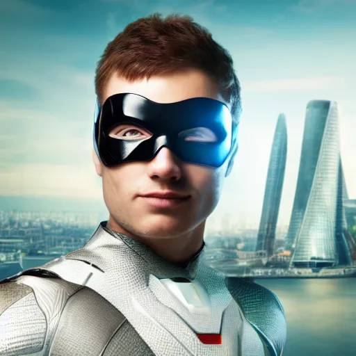 Image similar to portrait of a futuristic superhero, London behind him, hd, 4k realistic, award winning photo