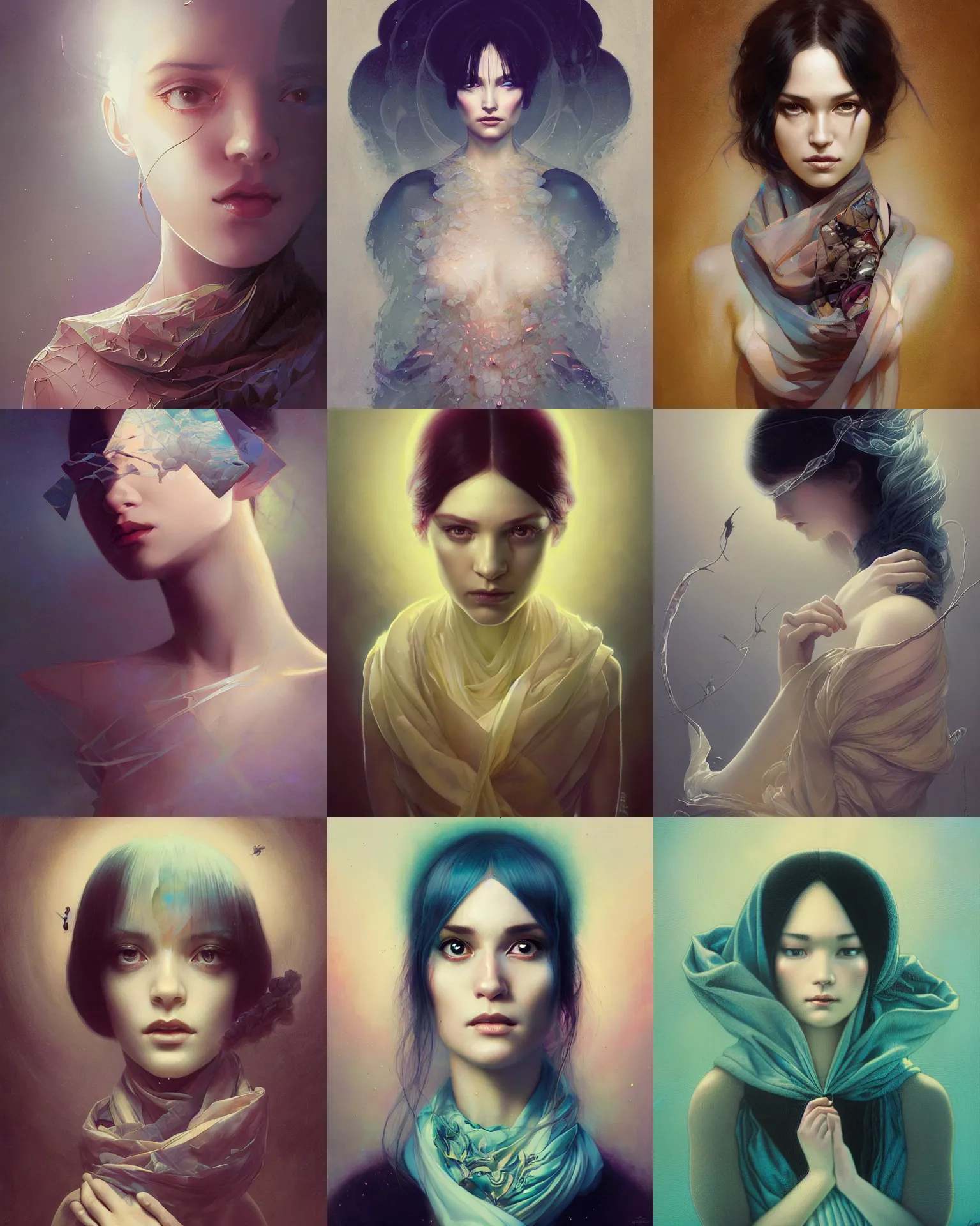 Prompt: tragedy of the mind - driven, silk, fractal crystal, serenity, scarf, portrait of ( lisa ann ) by ilya kuvshinov, greg rutkowski, tom bagshaw, james jean, victo ngai, ryohei hase, thomas kinkade, elegant, masterpiece, award winning