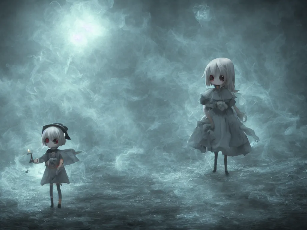 Prompt: cute fumo plush girl witch on a tiny island of concrete brutalist eldritch ruins surrounded by murky river water, dark cursed otherworldly chibi gothic horror wraith maiden, lost in the milky void, hazy heavy magical glowing swirling murky volumetric fog and smoke, moonglow, lens flare, vray