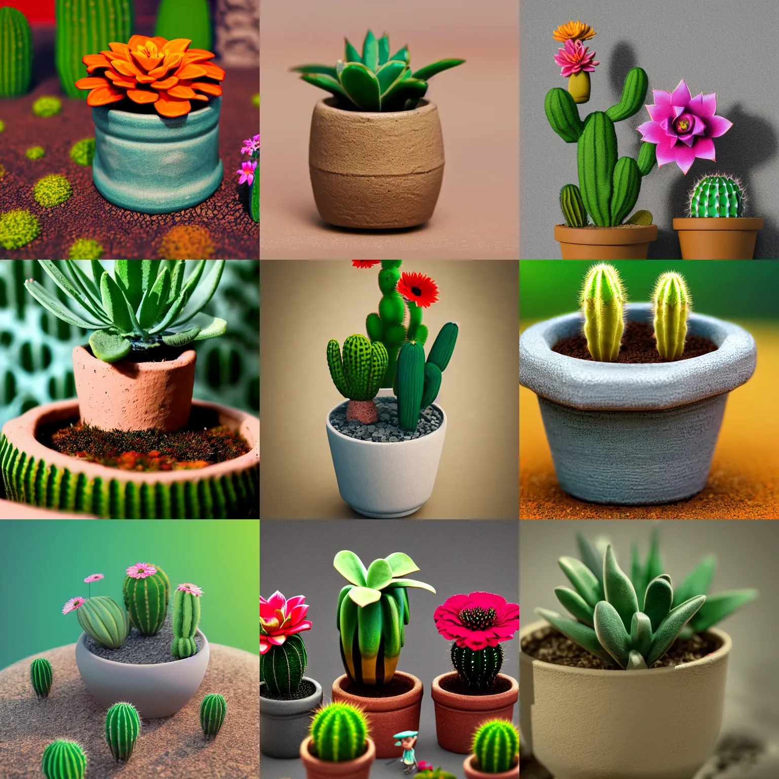 Prompt: a isometric macro photo of an original ceramic flower pot with different plants, cactus and flowers, a little gnomo, a lot of sub surface scatering, higly detailed, octane, trending artstation, bokeh effect