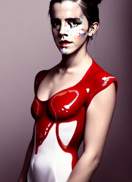 Image similar to emma watson portrait of a woman wearing a red embroidered translucent silicone mask and frizzy hair buns, wearing a white bodysuit by alexander mcqueen, white background, soft diffused light, biotechnology, futuristic aesthetic, translucent, ethereal, intricate details, highly detailed, masterpiece,