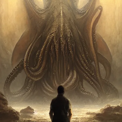 Image similar to human looking at big monstrosity portrait of Cthulhu, hyperdetailed, artstation, cgsociety, by greg rutkowski, by Gustave Dore