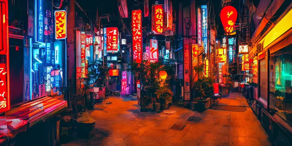 Image similar to living room designed to look like a tokyo alley at night, with neon signs, photography