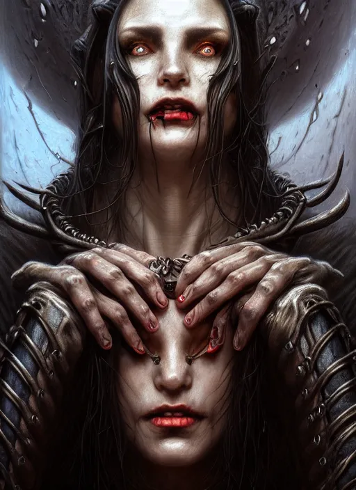 Prompt: closeup portrait shot of a vampire in a dungeon in a scenic dystopian environment, intricate, elegant, highly detailed, centered, digital painting, artstation, concept art, smooth, sharp focus, illustration, artgerm, tomasz alen kopera, peter mohrbacher, donato giancola, joseph christian leyendecker, wlop, boris vallejo