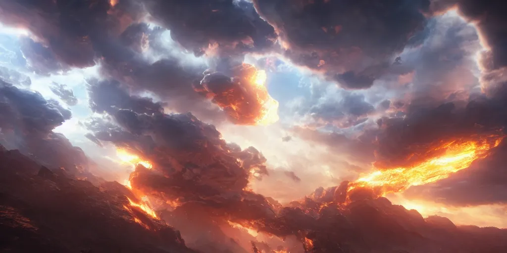 Image similar to Fire clouds, cinematic shot, epic, volumetric lighting, made by Stanley Artgerm Lau, WLOP, Rossdraws, ArtStation, CGSociety, concept art, cgsociety, octane render, trending on artstation, artstationHD, artstationHQ, unreal engine, 4k, 8k,