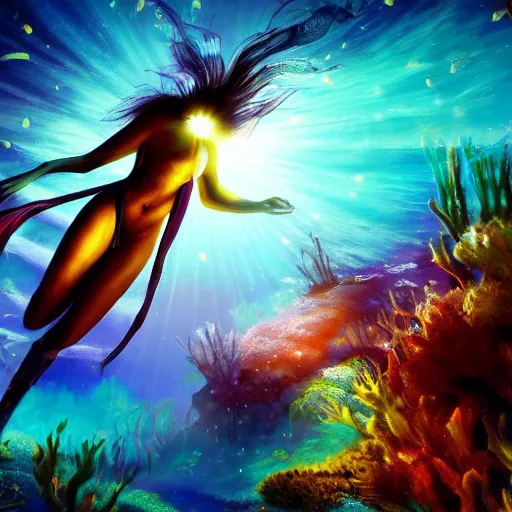 Prompt: Wallpaper Flare HD wallpaper: fantasy art underwater original characters falling divers water sunlight, galaxy,