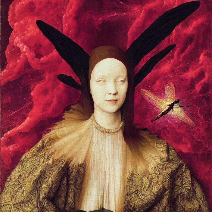 Image similar to a closeup portrait of a cloaked woman floating next to a dragonfly nebula, dragonfly nebula, by jan van eyck