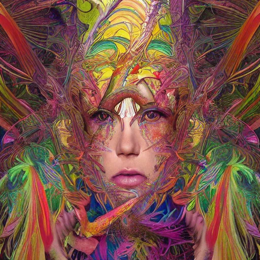 Image similar to A reality bending psychedelic ayahuasca experience, colorful, distorted, surreal, tropical bird feathers, dramatic lighting on the face, intricate, elegant, highly detailed, digital painting, concept art, smooth, sharp focus, illustration, art by Krenz Cushart and Wayne Barlowe and alphonse mucha