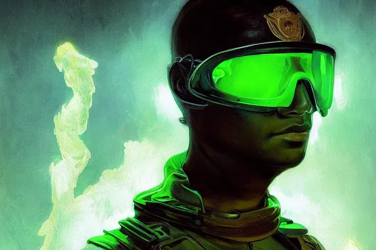 Image similar to Beautiful portrait of a glowing translucent body glowing male police officer wearing cool shades. Green fluorescent aura around officer, wide angle, magic, fire, darkness, dramatic lighting, Africa, intricate, wild, highly detailed, digital painting, artstation, concept art, smooth, sharp focus, illustration, art by artgerm and greg rutkowski and alphonse mucha, footage from space camera