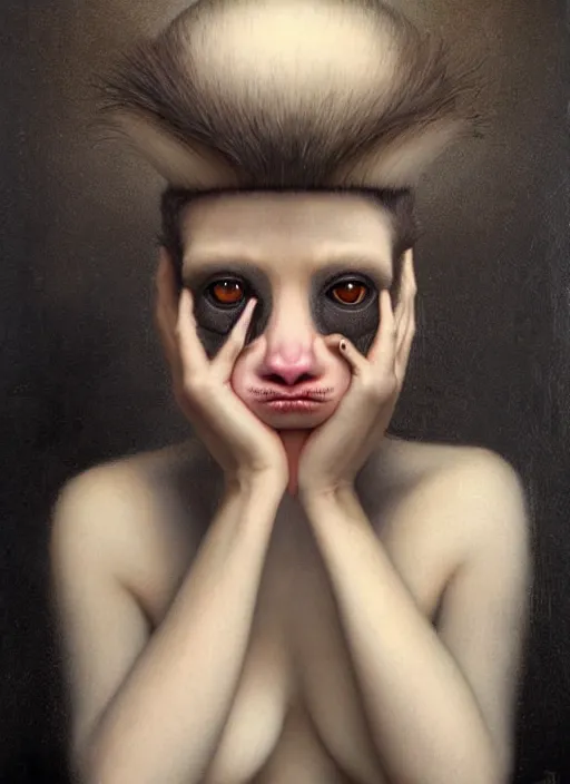 Image similar to an unnerving portrait of a marmoset monkey with pitch black eyes and short blond hair, art tom bagshaw