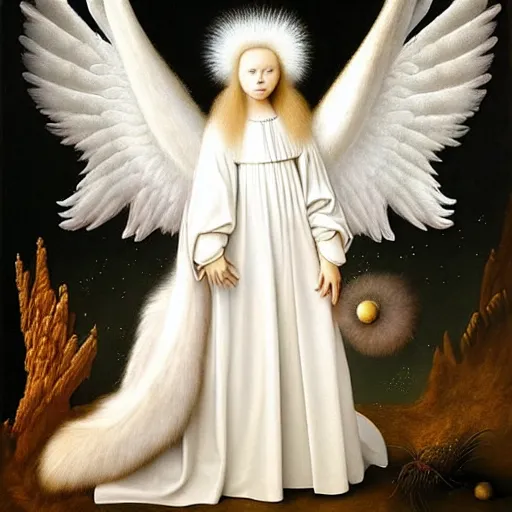 Image similar to highdetailed hyperrealistic painting of white angel!!! no gender!!!, giant ball of miracle light from the chest!!!!!, white sparkles everywhere, 4 k hd fur face!!!, big wings, by jan van eyck, holography space, glow effect, large strokes, white monochrome color!!!!!