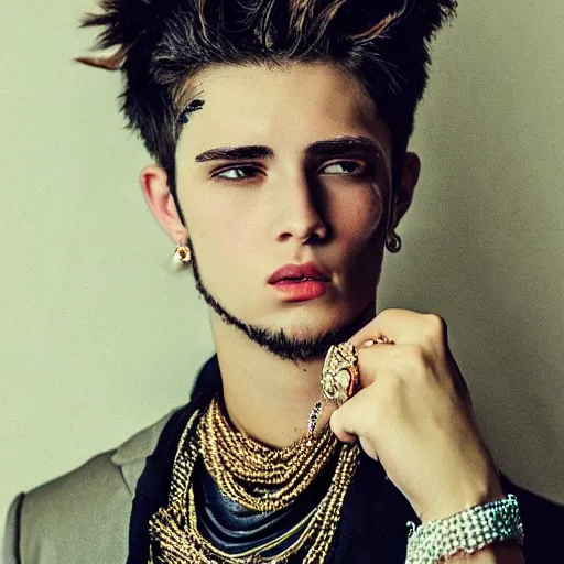 Prompt: a photographic character model design of a very handsome rebellious young man wearing excessive jewelry in an ornate and elegant way, flirtatious and intrigued