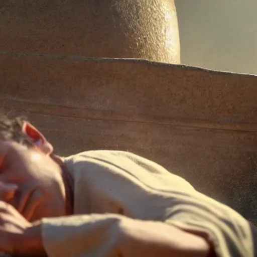 Prompt: close - up of a priest sleeping in a large clay pot, foggy, sun rays, cinematic shot, photo still from movie by denis villeneuve